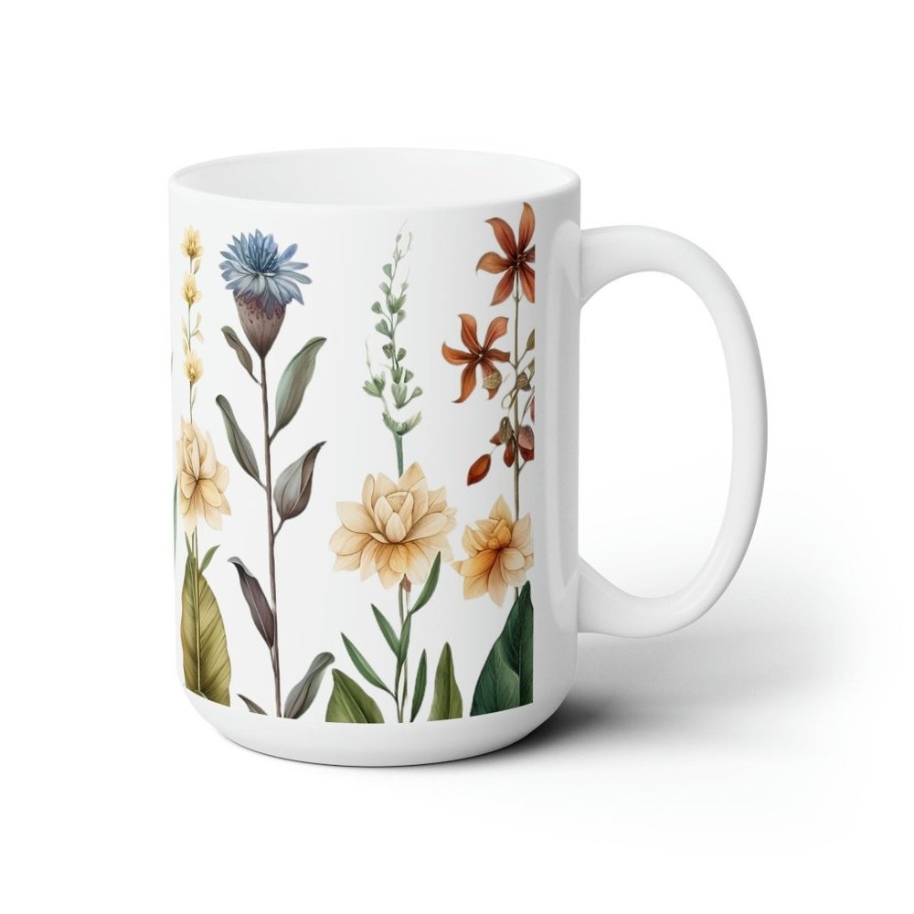 Ceramic Mug 15oz Flowers Mug, Boho Wildflowers Cottagecore Coffee Mug, Vintage